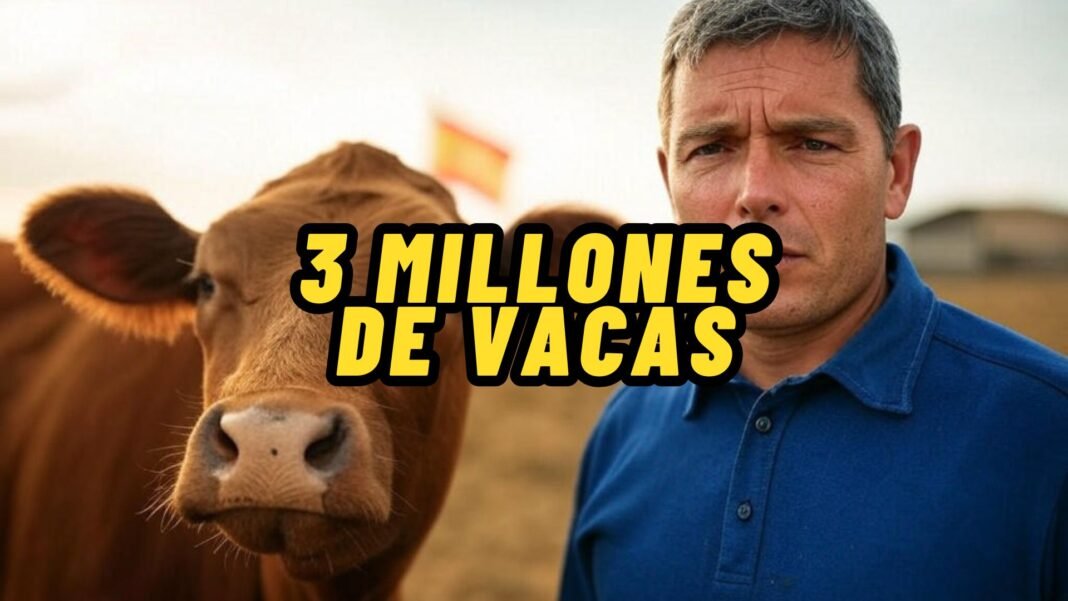 Hombre y vaca con bandera de España detrás