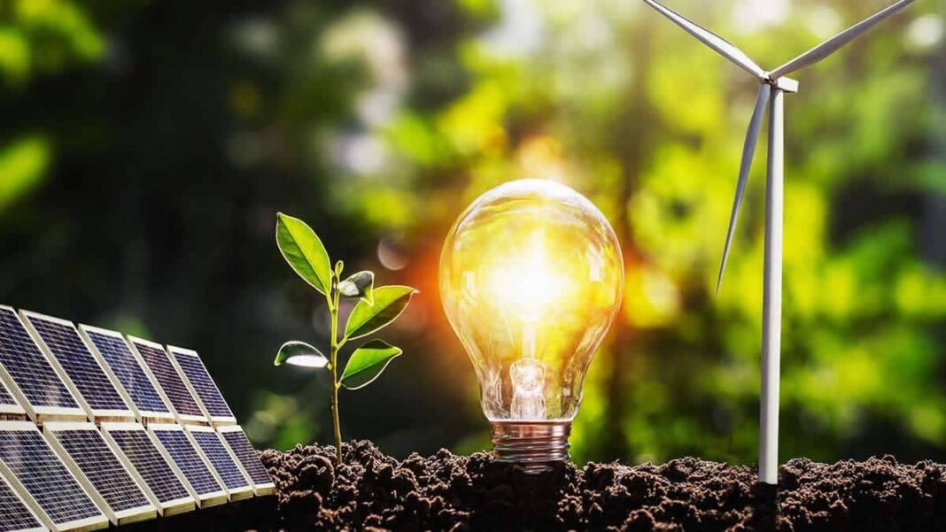 Energía renovable: panel solar, bombilla, turbina eólica