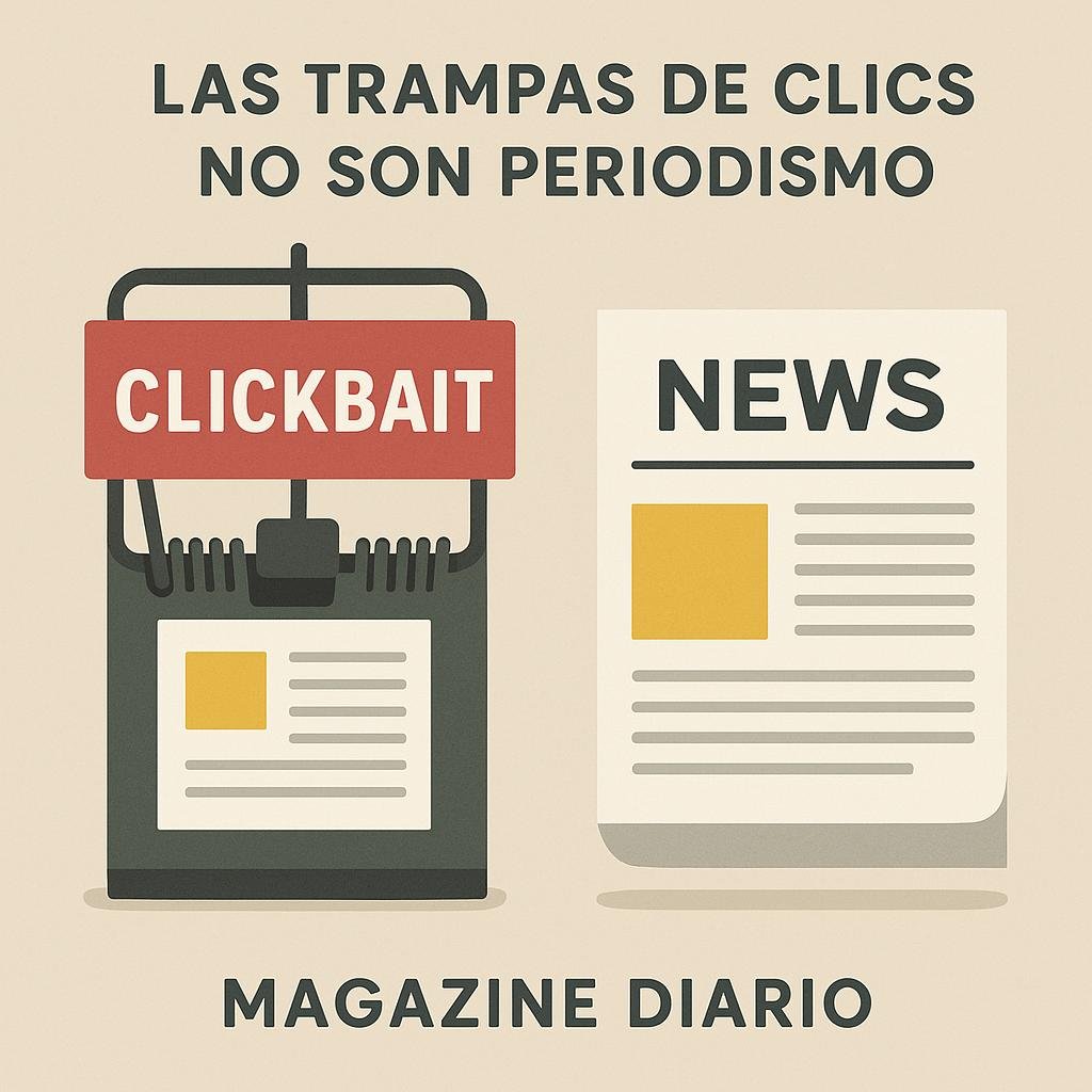 Ilustración crítica al clickbait en periodismo.