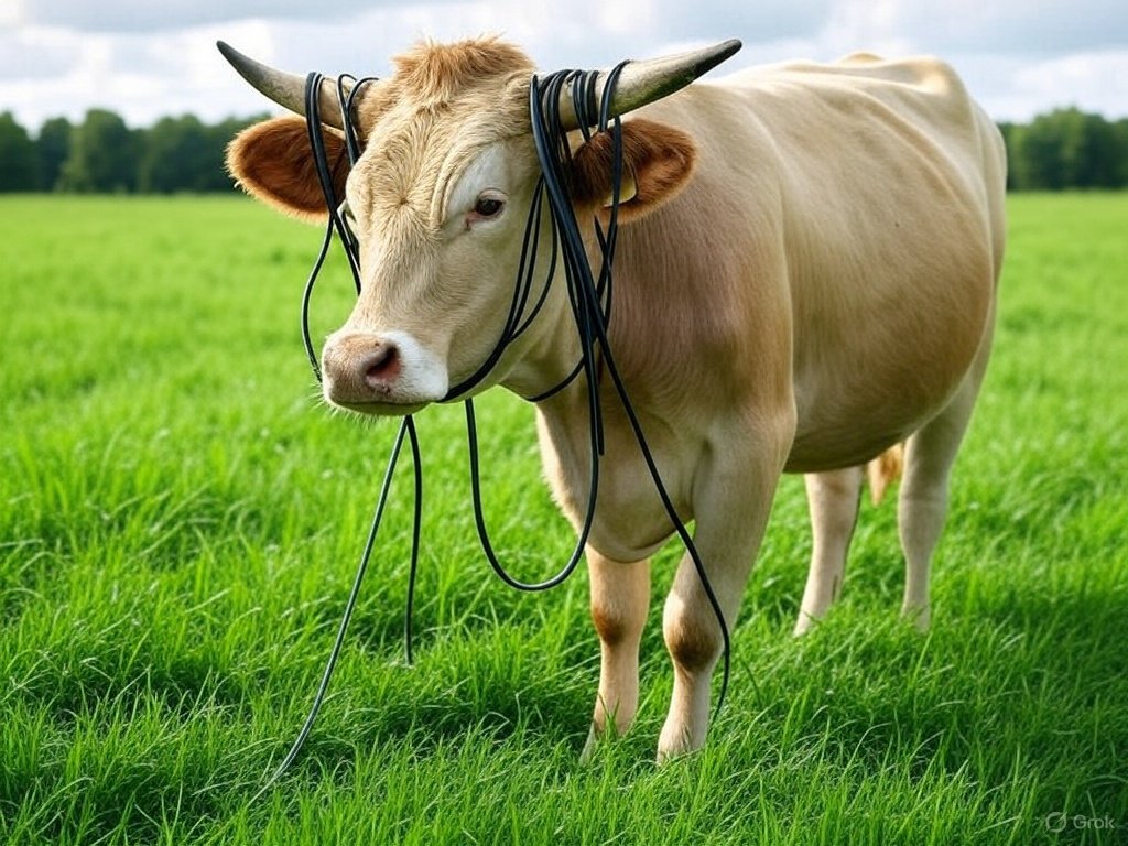 Vaca con cables en la cabeza, campo verde.