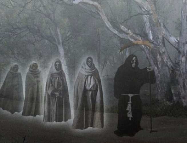 Fantasmas en un bosque oscuro y tétrico.