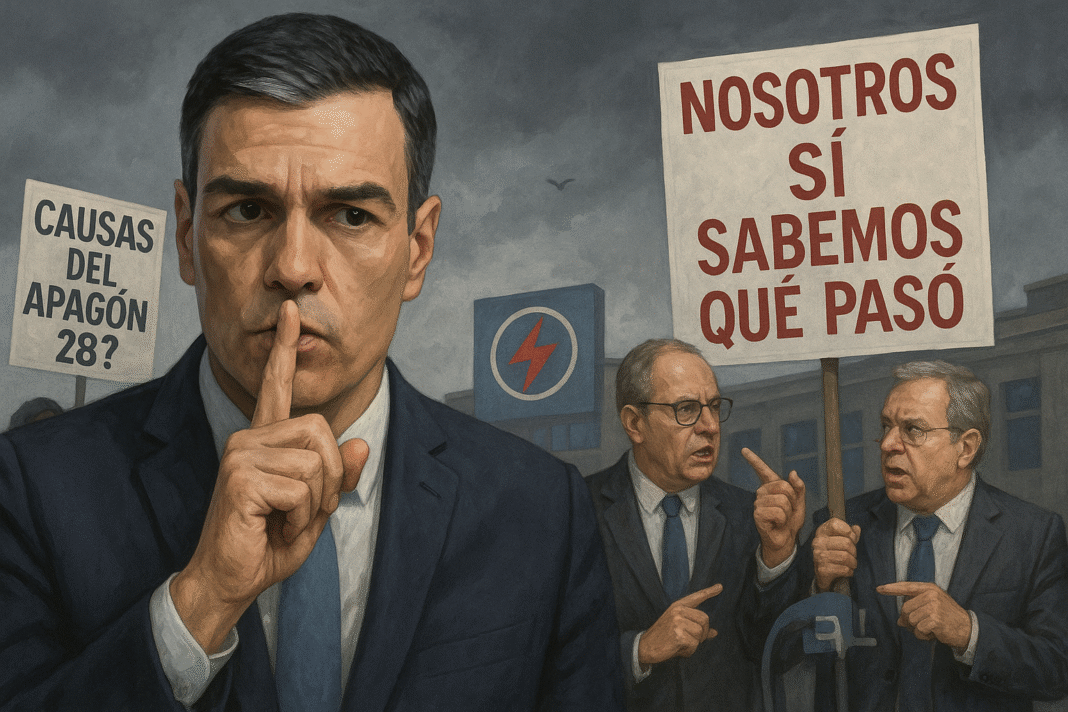 Político silenciando, carteles sobre apagón.