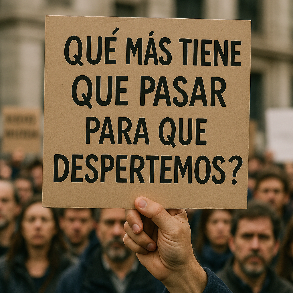 Manifestantes sosteniendo cartel en protesta ciudadana.