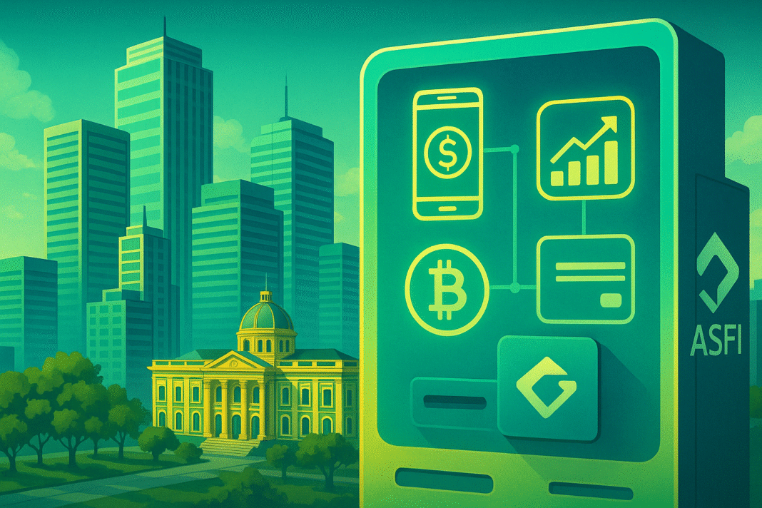 Paisaje urbano con símbolos financieros y tecnología