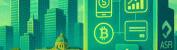Paisaje urbano con símbolos financieros y tecnología