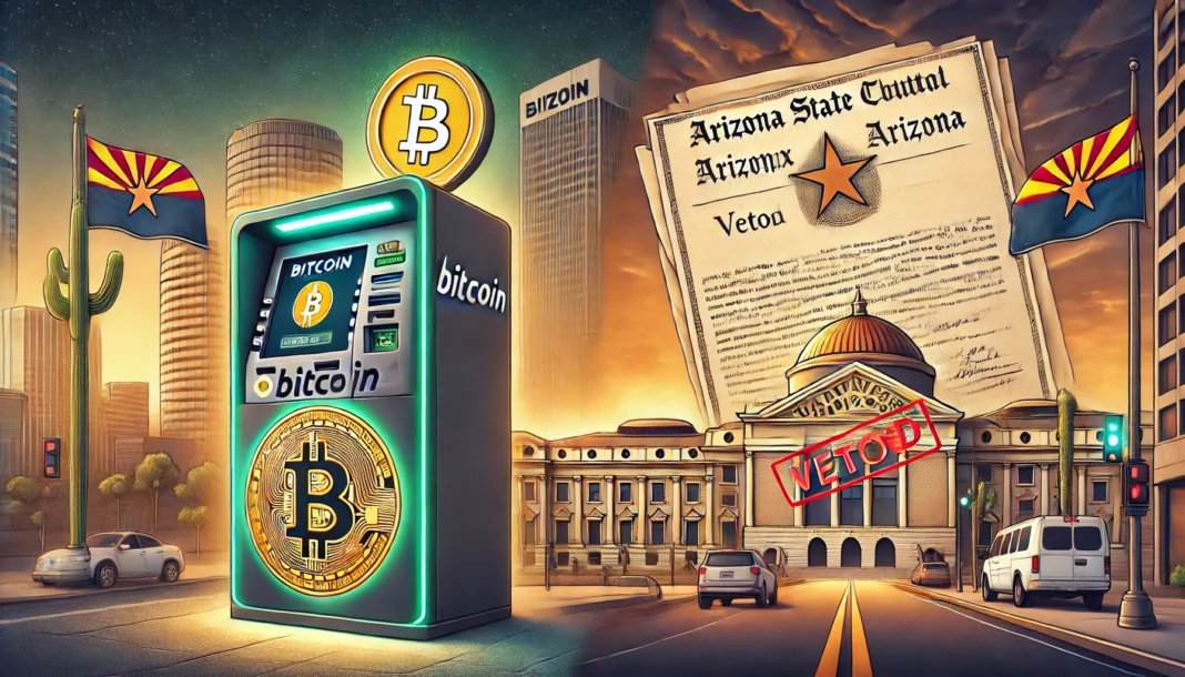Veto a Bitcoin en Arizona, cajero y bandera.