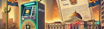 Veto a Bitcoin en Arizona, cajero y bandera.