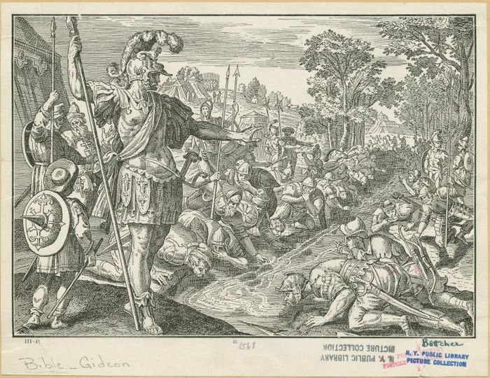 Ilustración antigua de guerreros bebiendo agua de río.