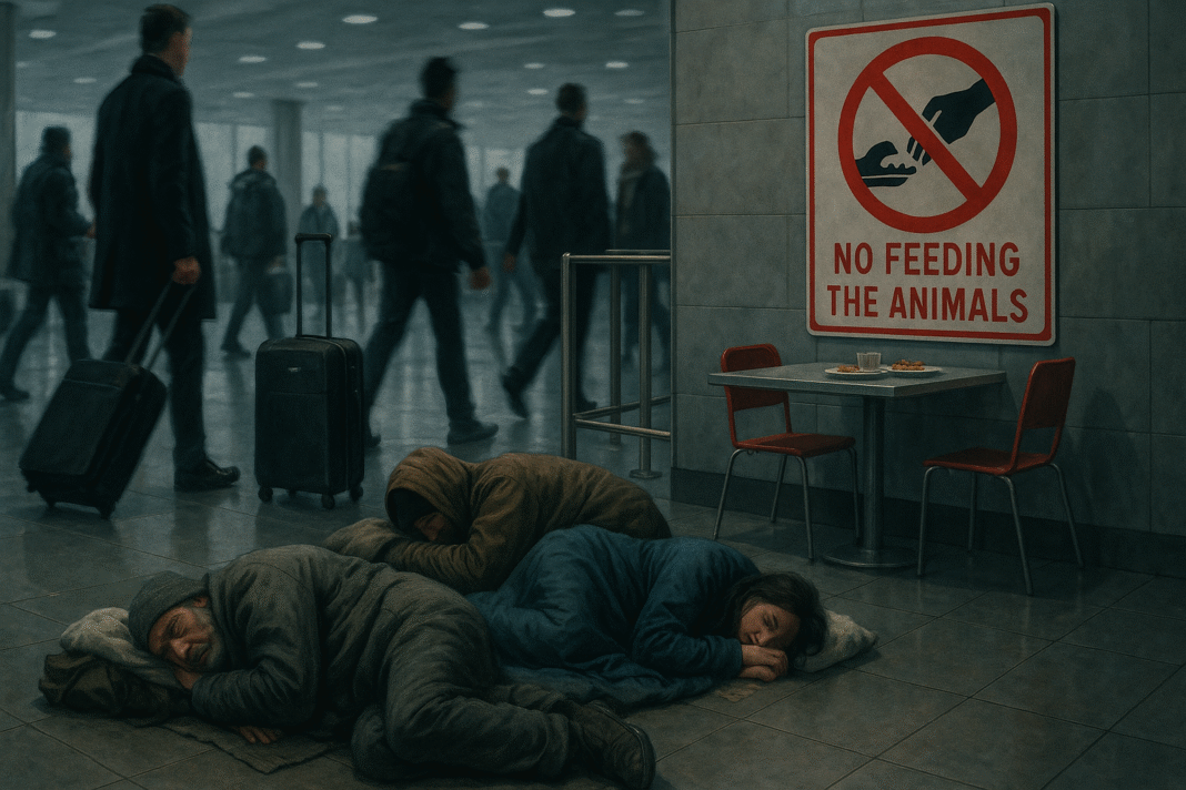 Personas sin hogar durmiendo en estación, cartel presente.