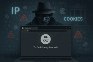 Modo incógnito en navegador web con íconos de privacidad.