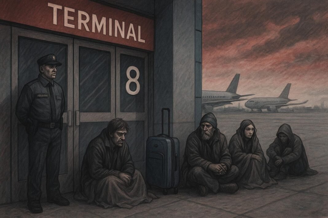 Personas sin hogar en aeropuerto junto a Terminal 8.