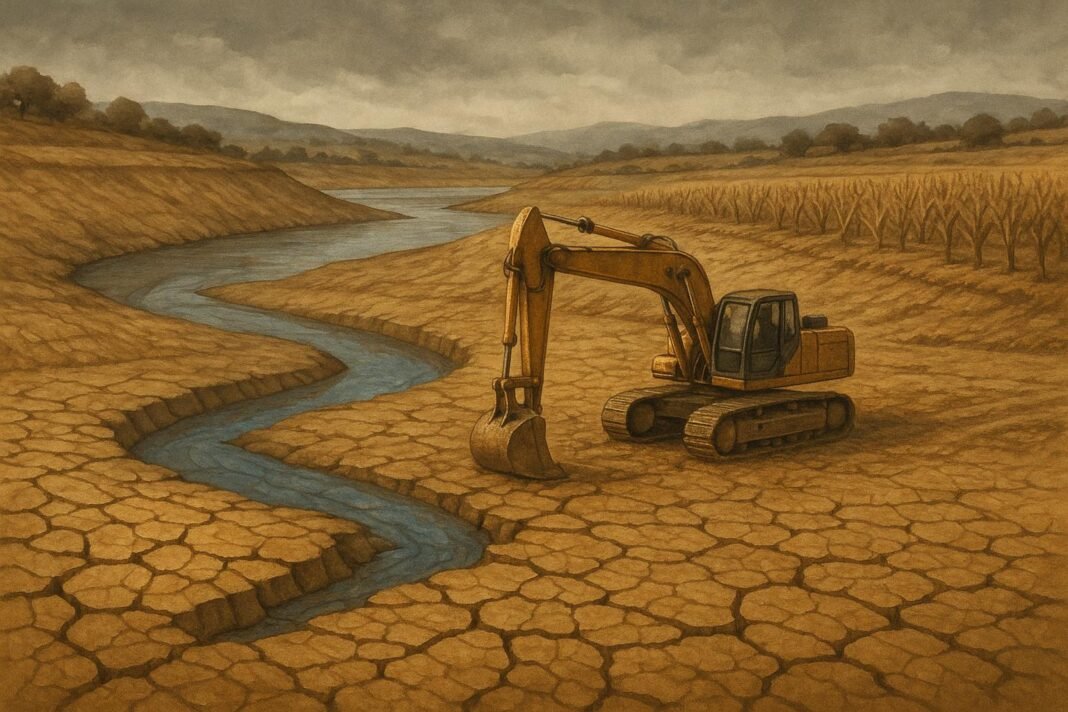 Excavadora en paisaje árido con río seco