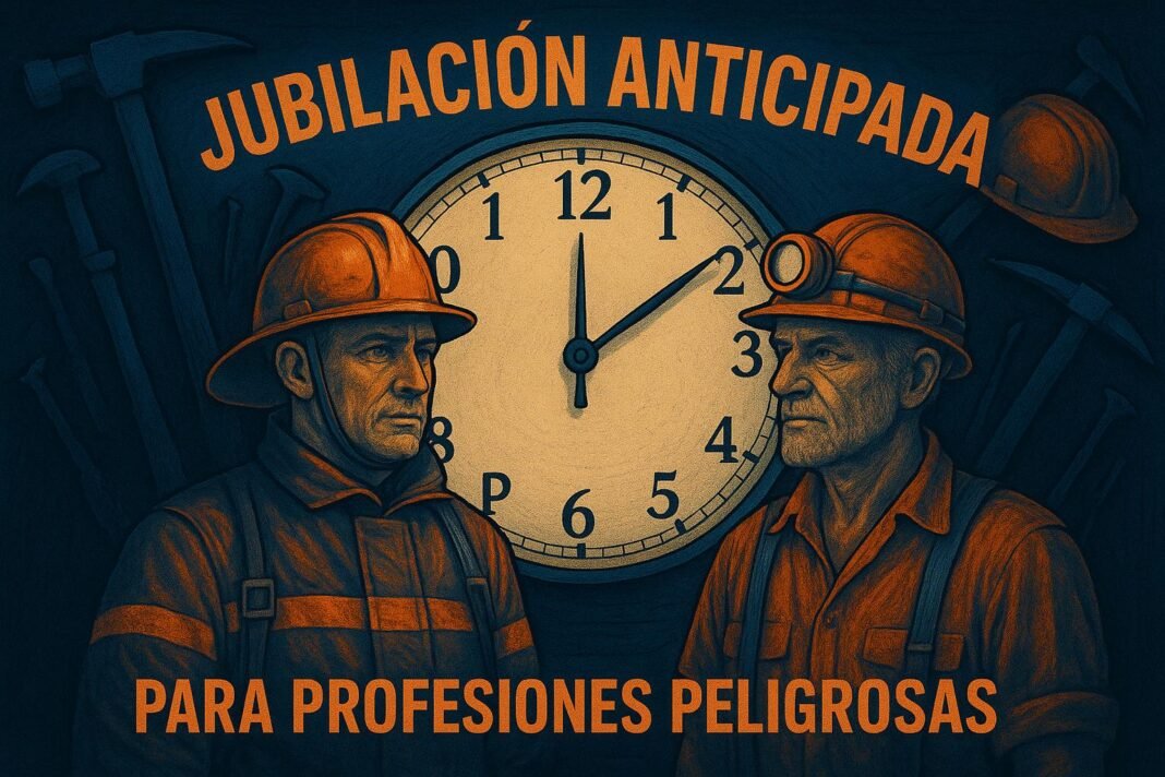 Jubilación anticipada para trabajos peligrosos, trabajadores y reloj.