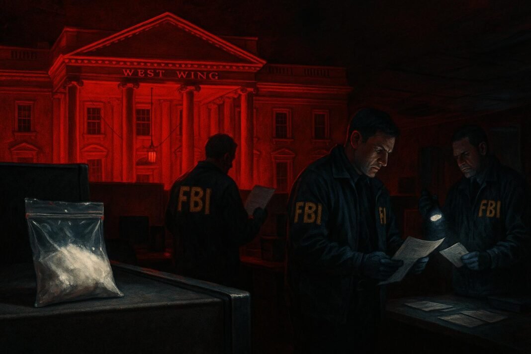 Investigación FBI en un edificio iluminado en rojo.
