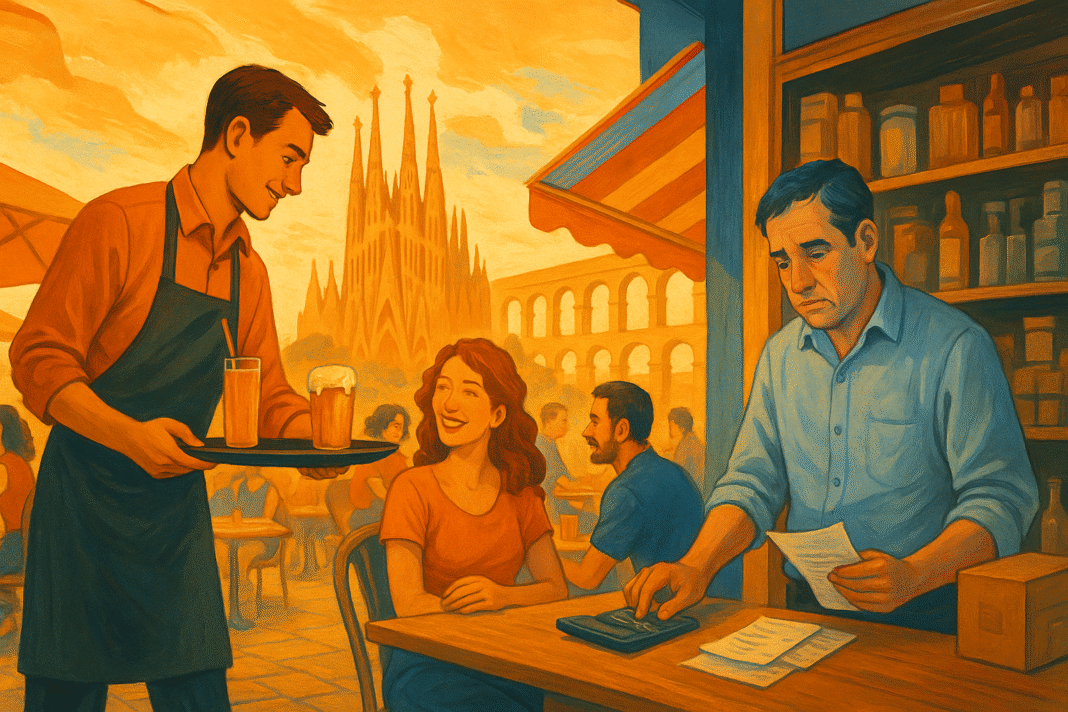 Terraza de café en Barcelona al atardecer.