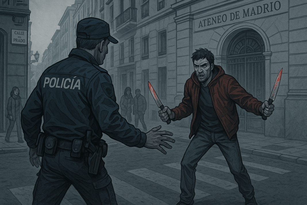 Policía enfrenta a hombre armado con cuchillos en la calle.