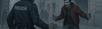 Policía enfrenta a hombre armado con cuchillos en la calle.