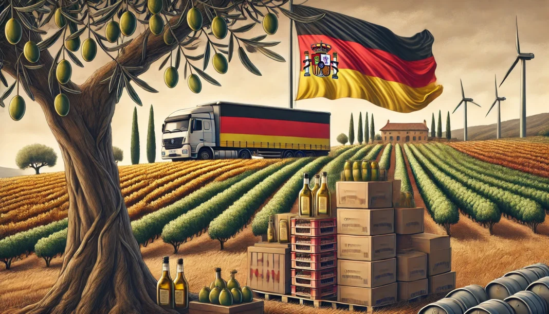 Olivo, bandera España, camión y campo con molinos.