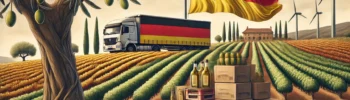 Olivo, bandera España, camión y campo con molinos.