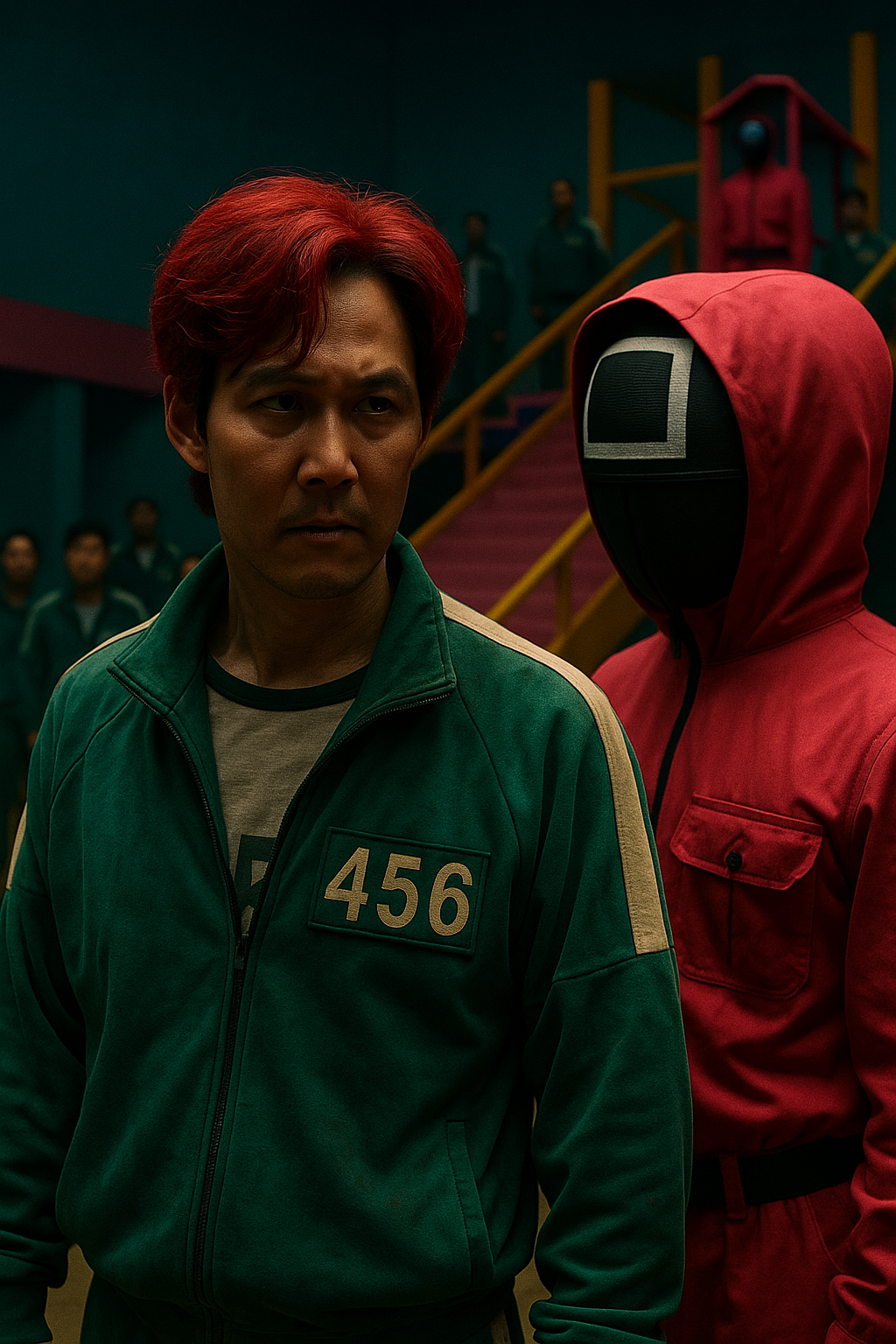 Personajes en juego vestido verde y guardia rojo.