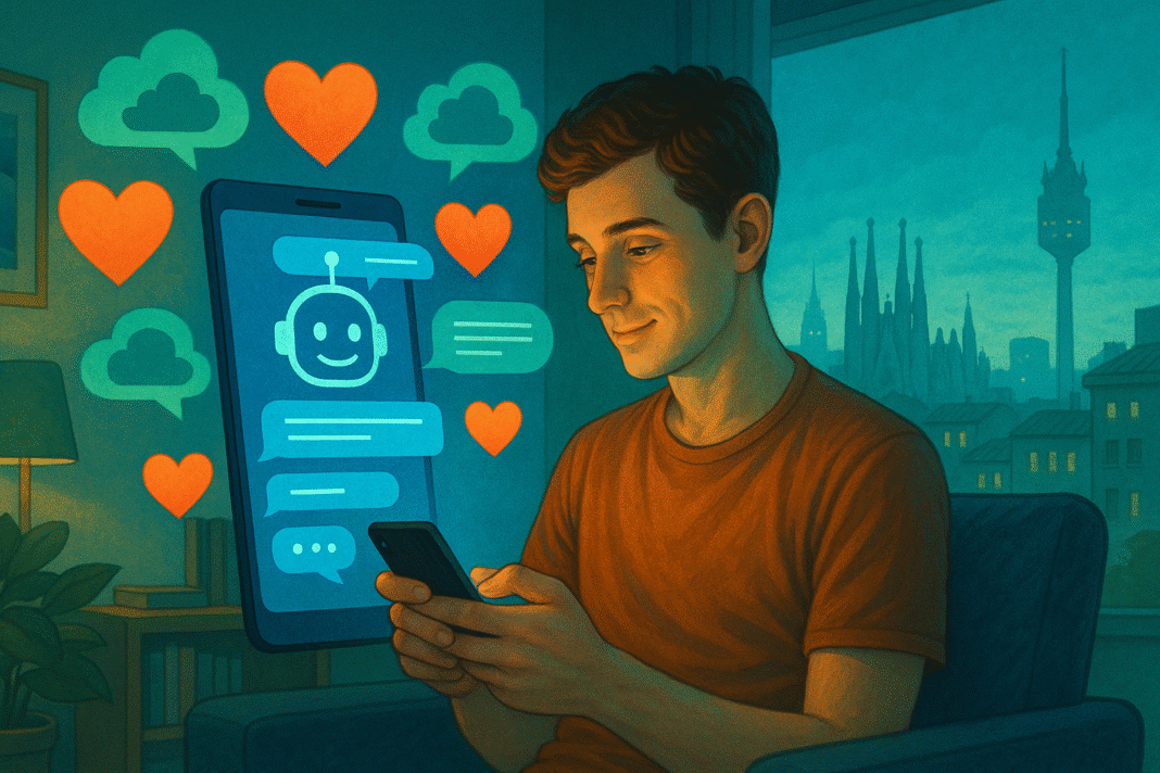 Hombre joven chateando con inteligencia artificial.