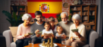 Familia contando dinero en casa, banderas españolas.