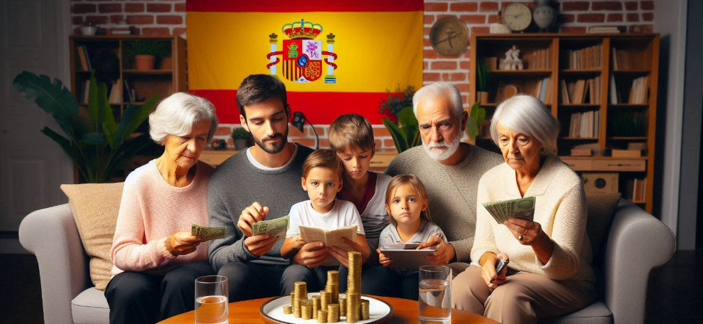 Familia contando dinero en casa, banderas españolas.