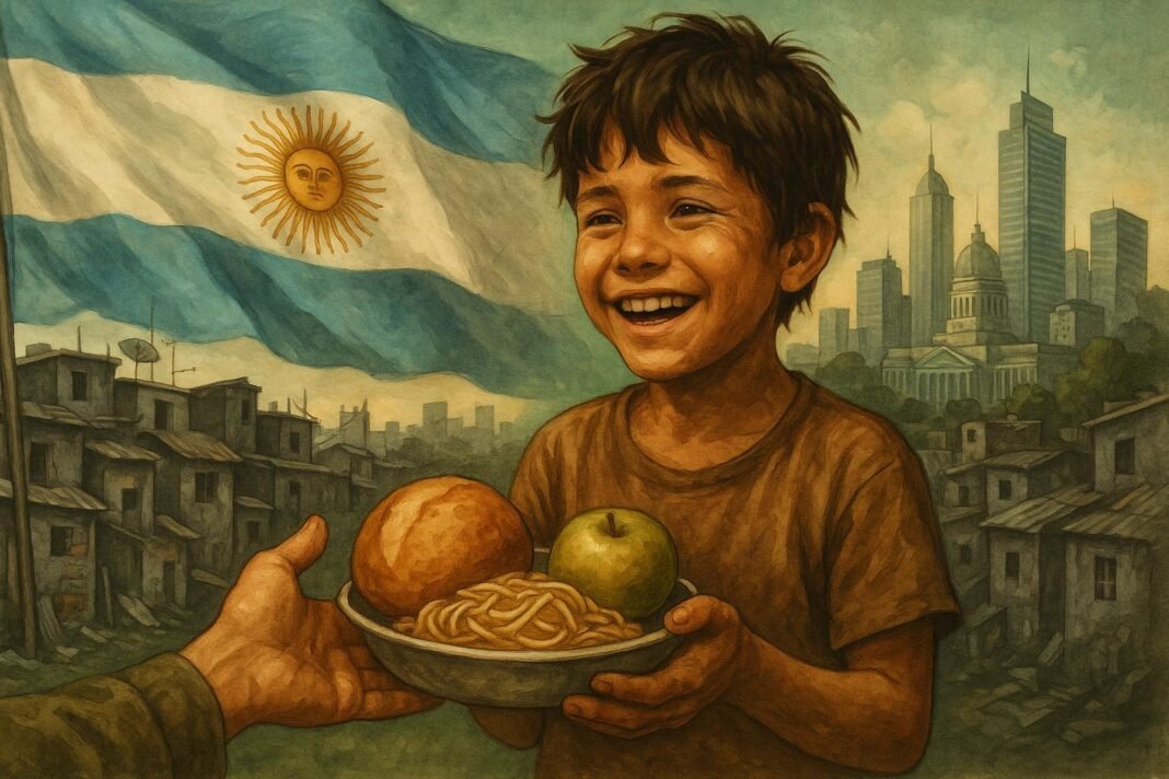 Niño argentino sonriendo con comida, bandera y ciudad.