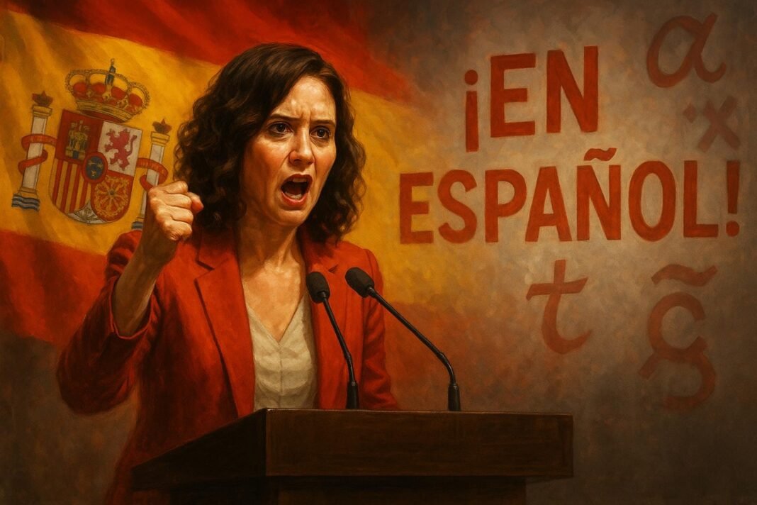 Oradora frente a bandera española, exclamando en español.