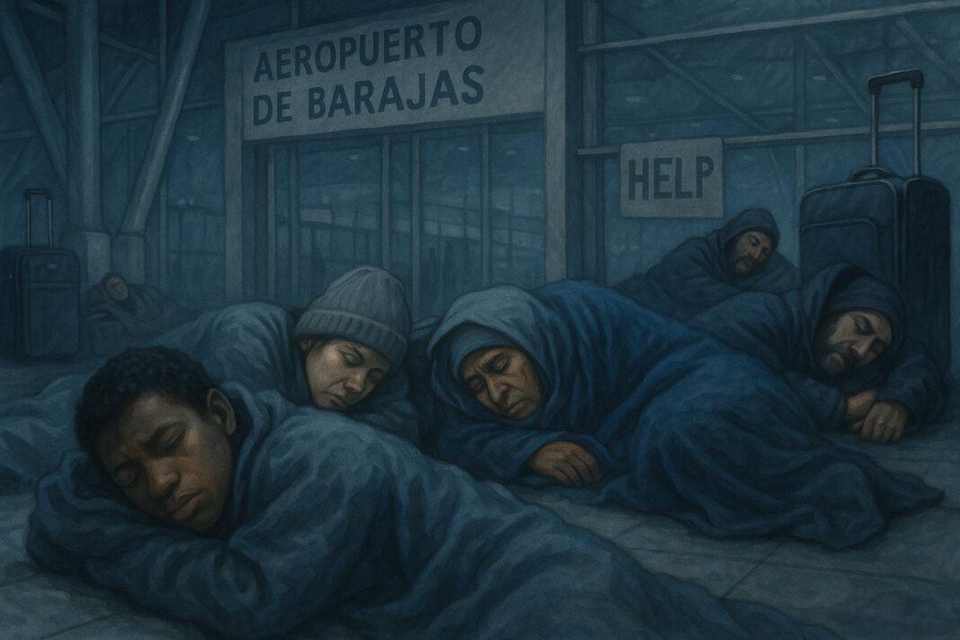 Personas durmiendo en aeropuerto Barajas, Madrid.