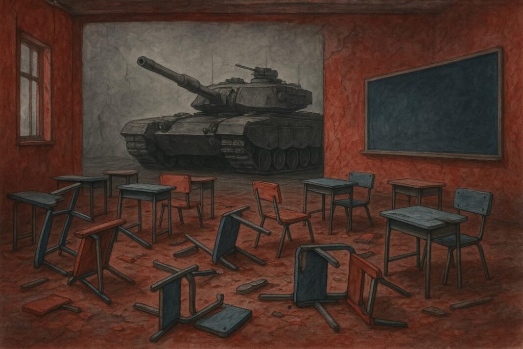 Tanque en aula con pupitres volcados y pizarra.