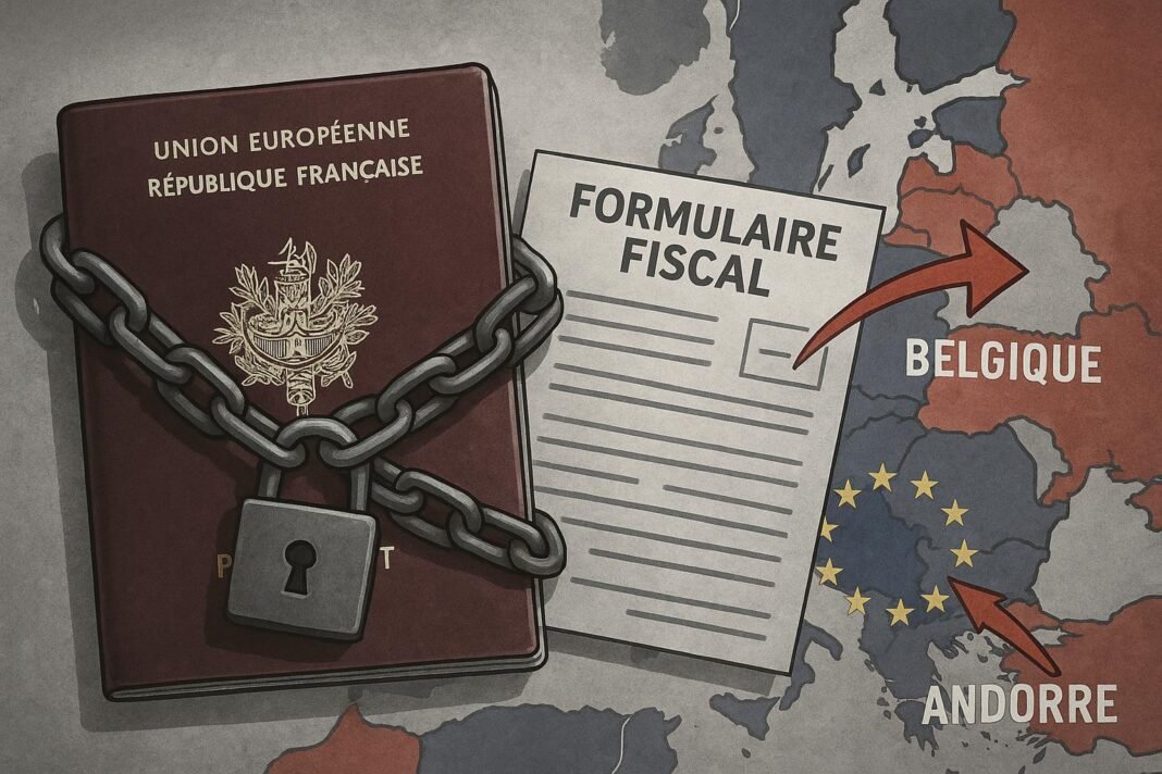 Pasaporte francés con candado y formulario fiscal.