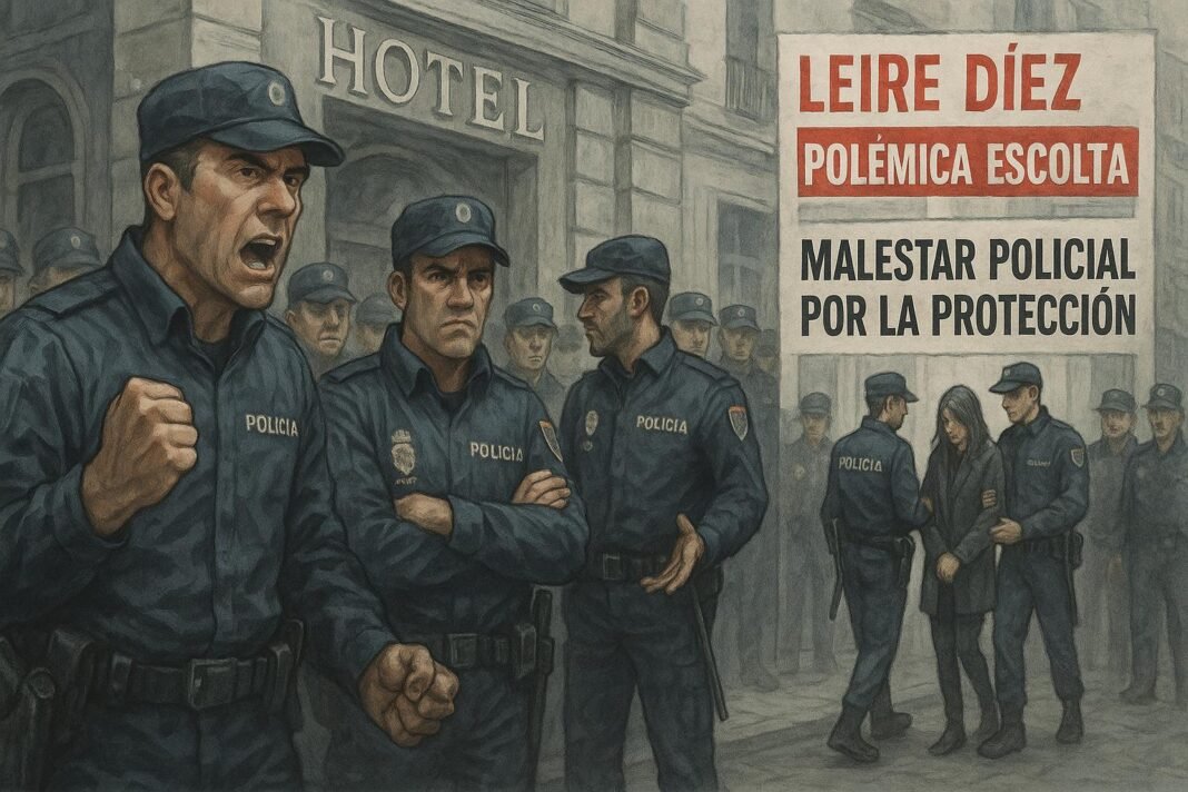 Policías escoltan a persona frente a hotel polémico.