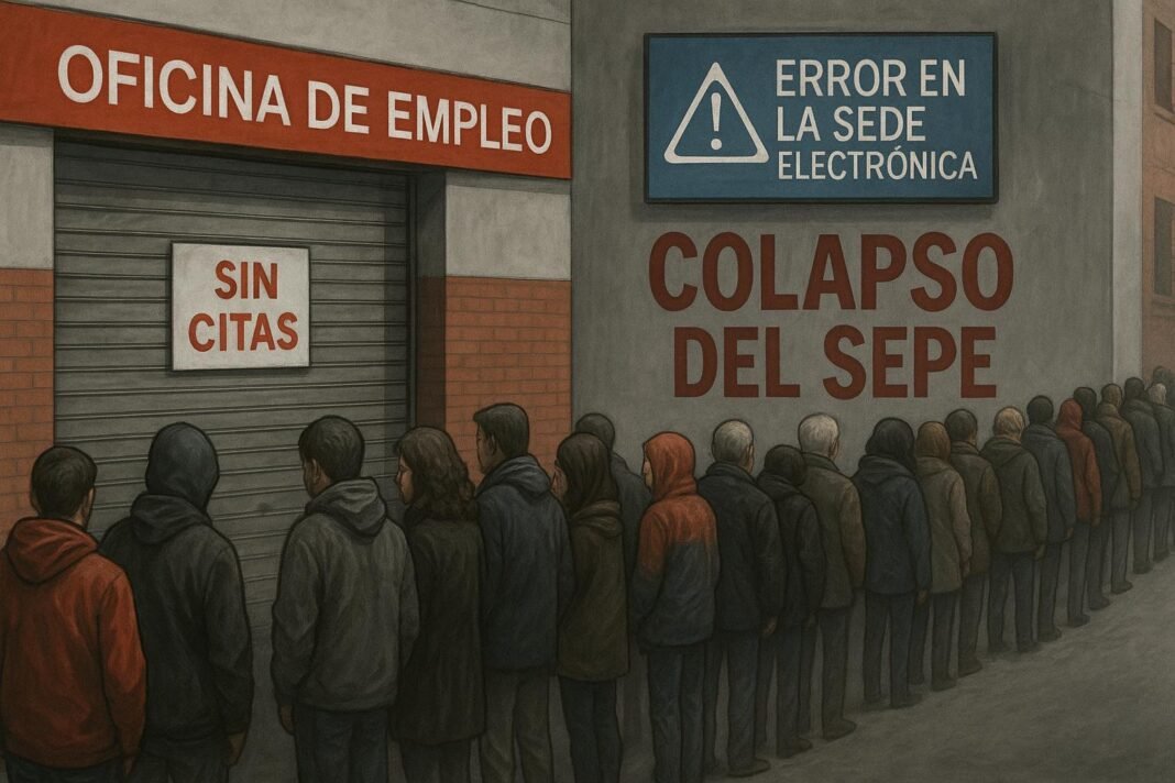 Personas haciendo cola en la oficina de empleo cerrada.