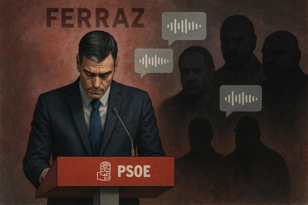 Hombre en podio PSOE con fondo oscuro y siluetas.