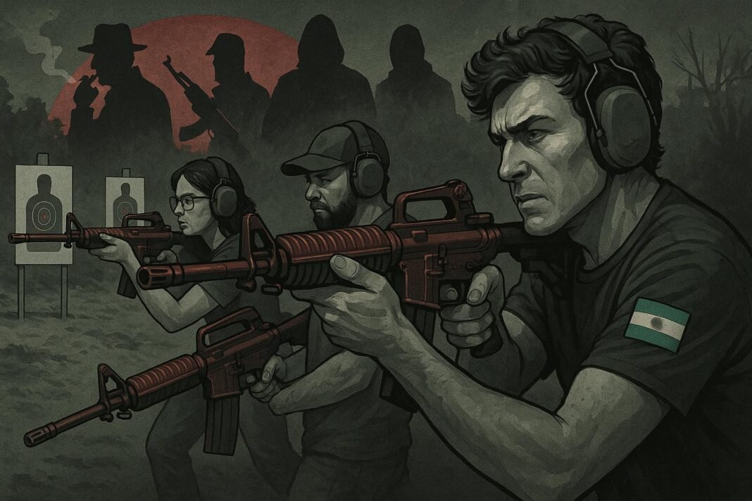 Persona portando arma semiautomática y una camiseta de argentina