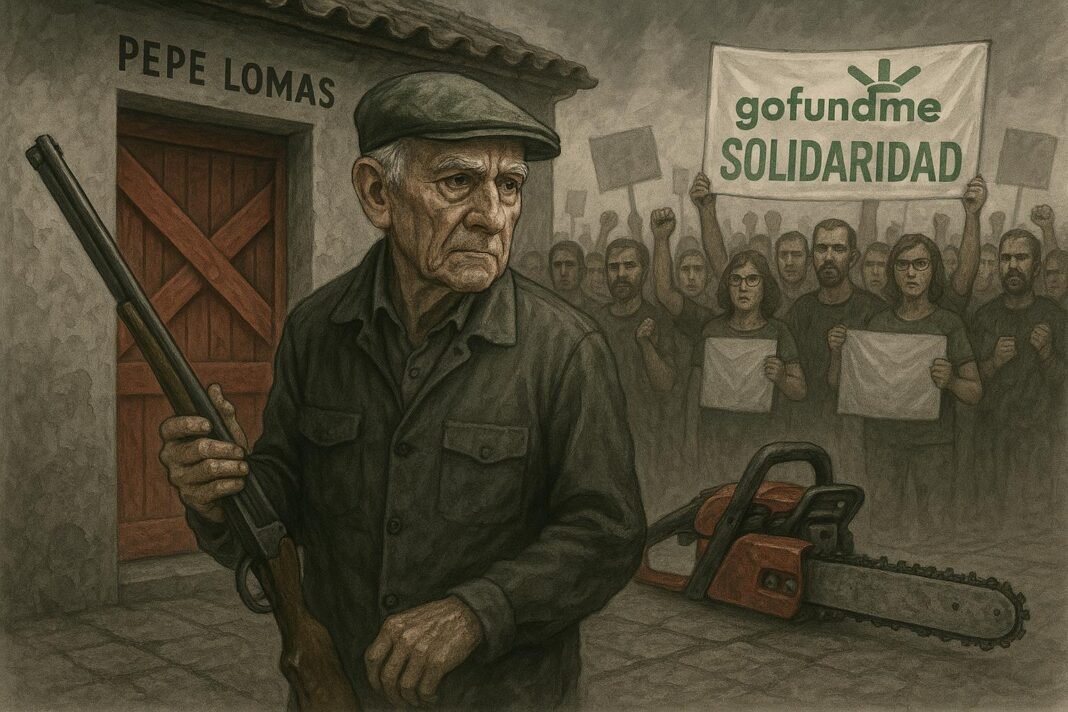Hombre mayor con rifle frente a multitud y pancarta.
