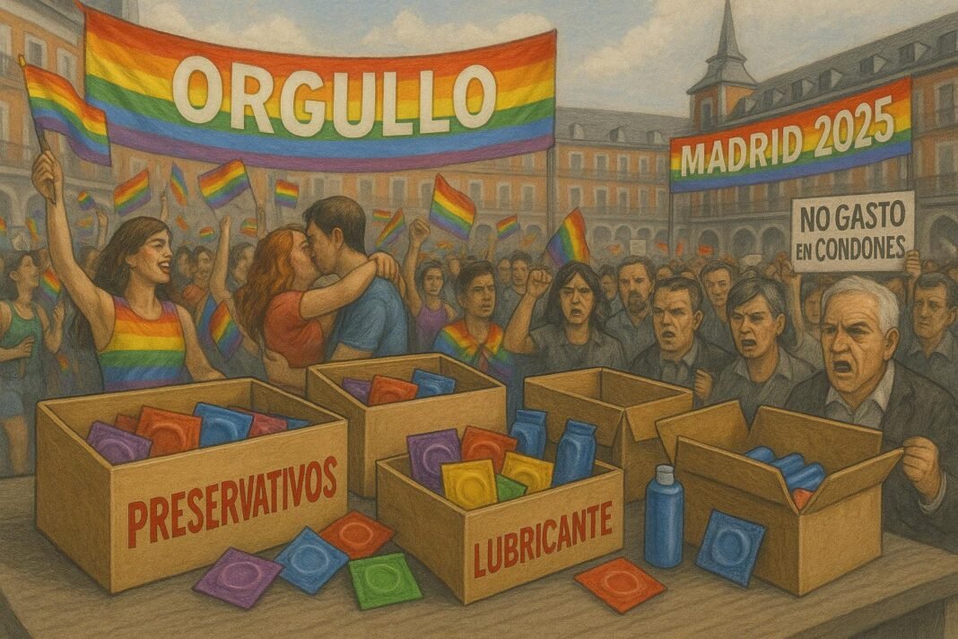 Ilustración de manifestación con banderas LGBT y productos.