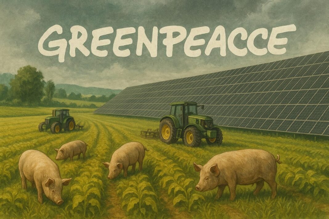 Cerdos y tractores junto a paneles solares, Greenpeace.