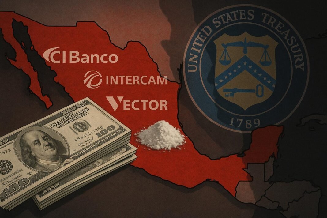 Mapa de México, dólares, polvo y logotipos bancarios.