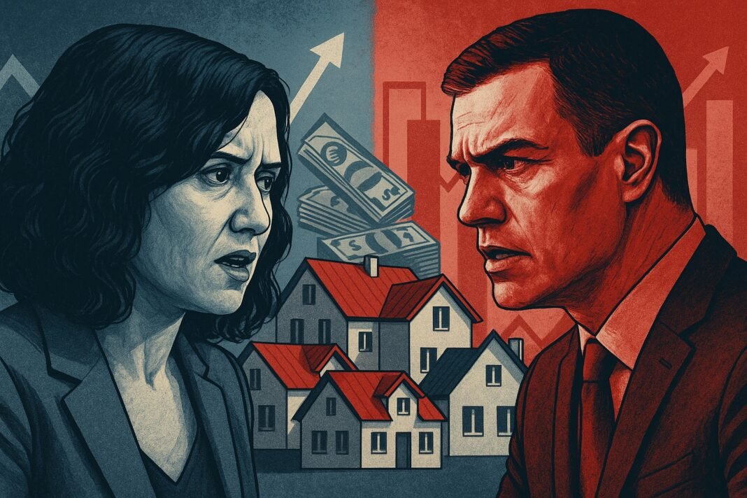 Ilustración política con casas y gráficos económicos.