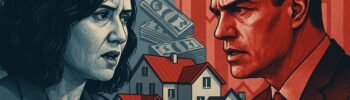 Ilustración política con casas y gráficos económicos.