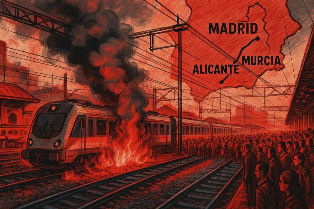 Protesta ferroviaria en estación con mapa regional.