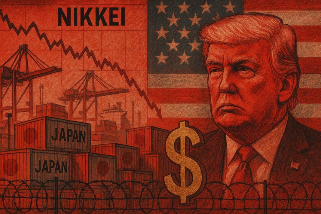 Ilustración de mercados Nikkei cayendo, containers y símbolos económicos.