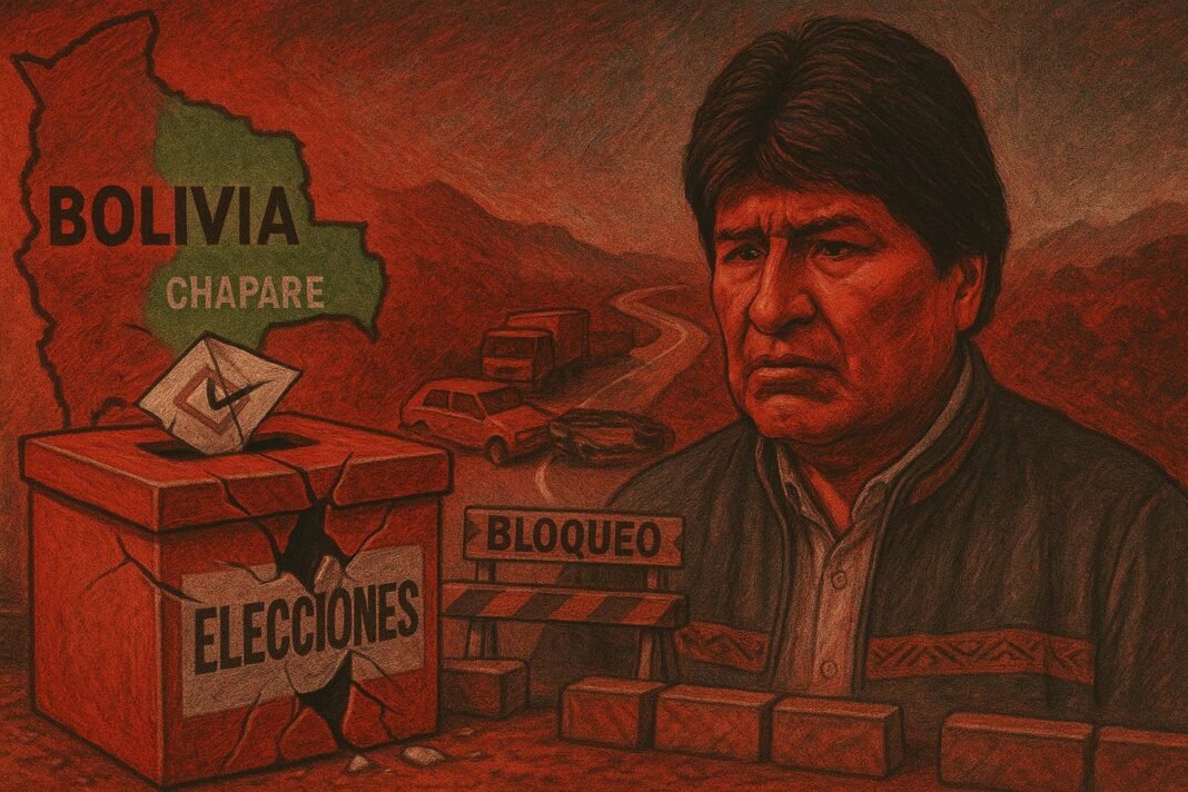 Ilustración política sobre elecciones y bloqueo en Bolivia.