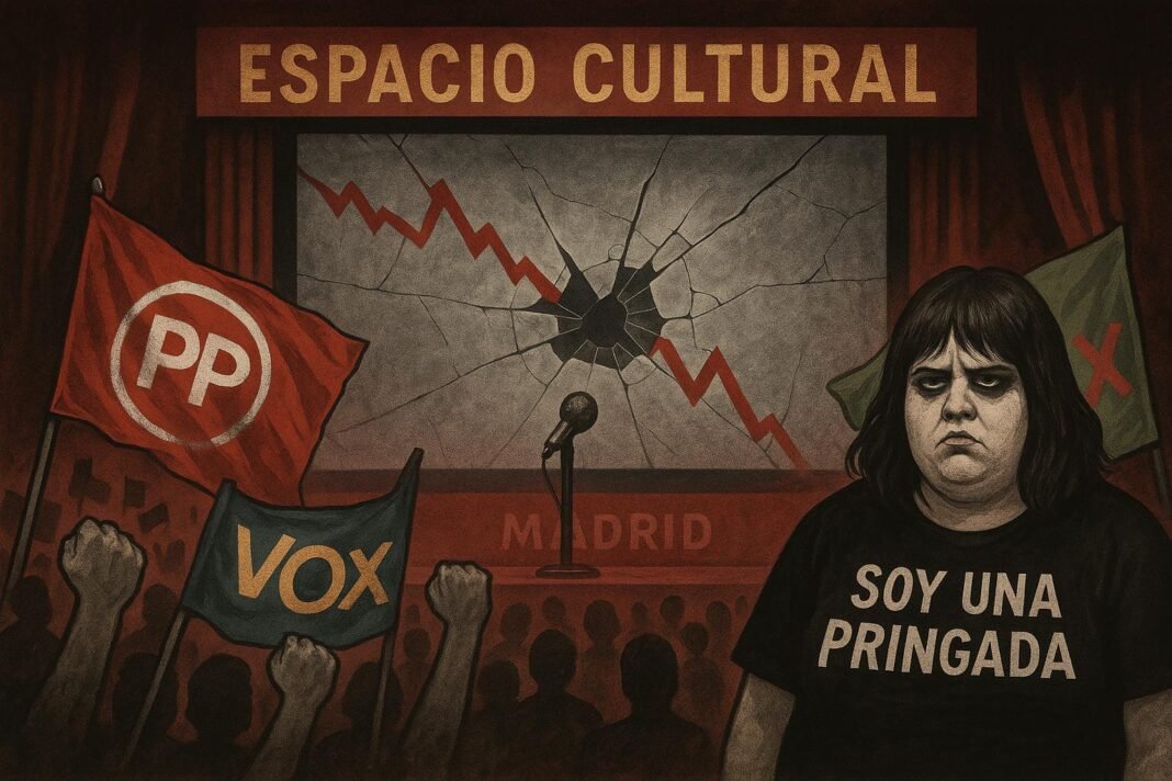 Ilustración política con banderas y escenario destruido.