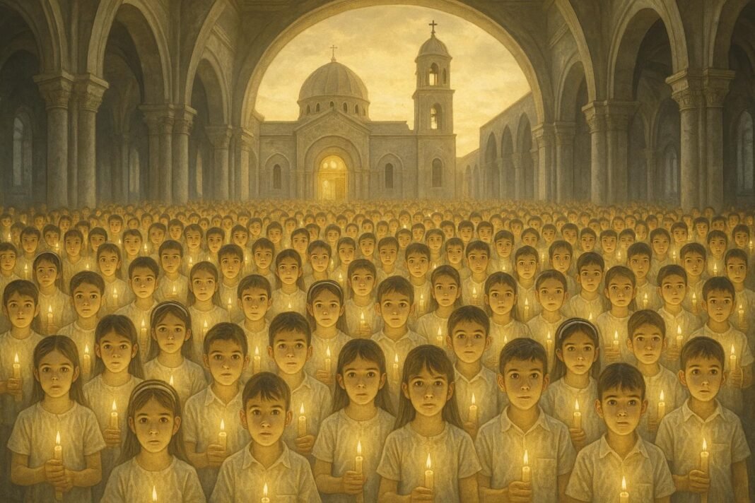 Niños en iglesia con velas encendidas.
