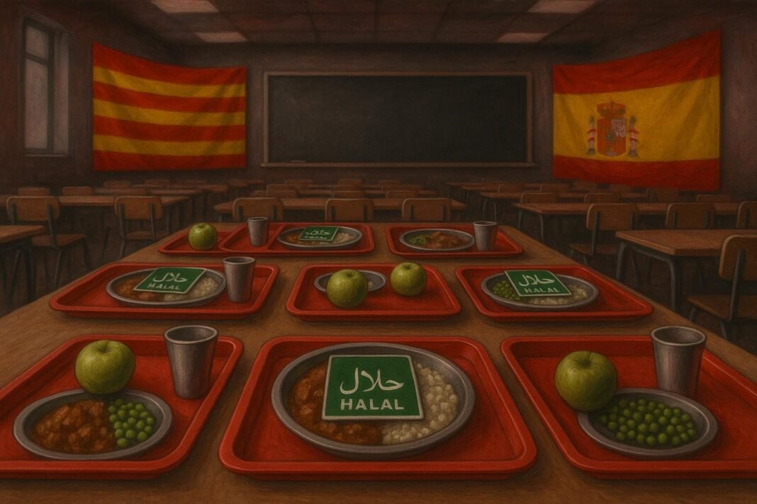 Comida halal en bandejas en aula con banderas.
