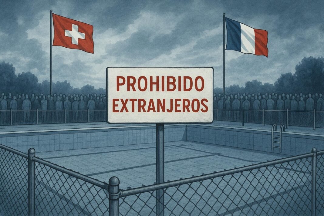Piscina con cartel de Prohibido extranjeros