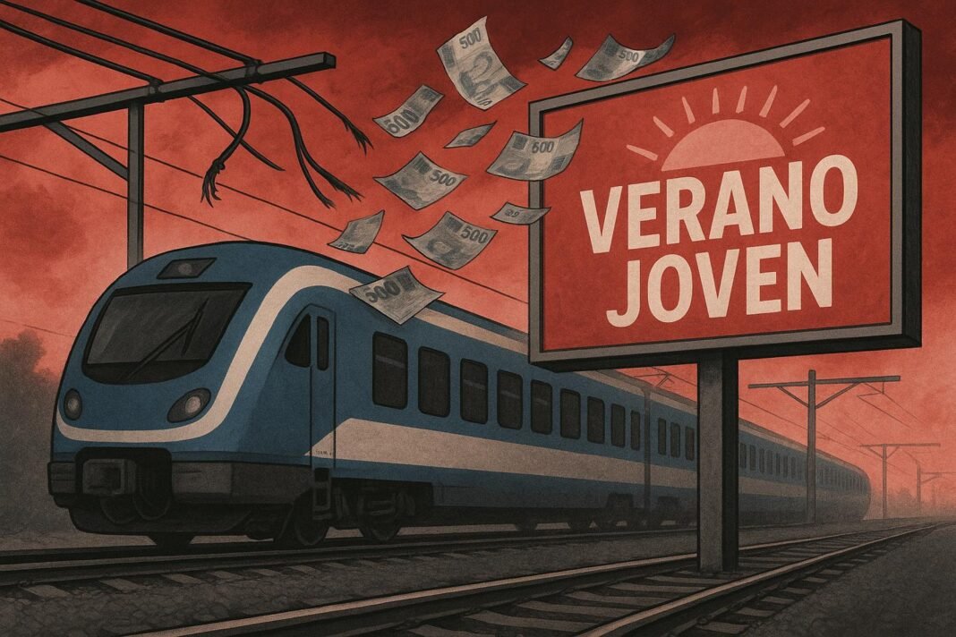 Tren azul pasa por cartel de verano joven.